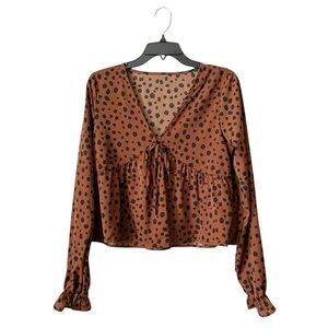Shein Peplum Top Women's Size S Brown Dalmatian Print Flounce Sleeve Knot Front